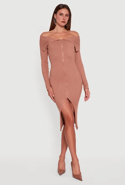 Womens Almost Famous Zip Front Fold Over Off the Shoulder Dress, Brown,