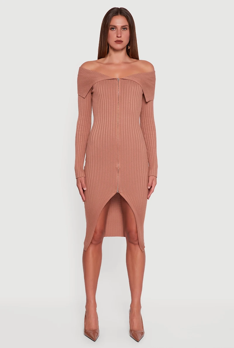 Womens Almost Famous Zip Front Fold Over Off the Shoulder Dress,