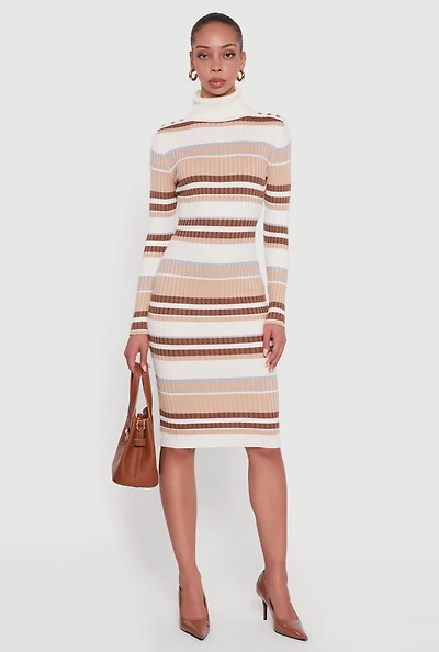 Womens Almost Famous Striped Turtleneck Sweater Dress, Brown, Size XL