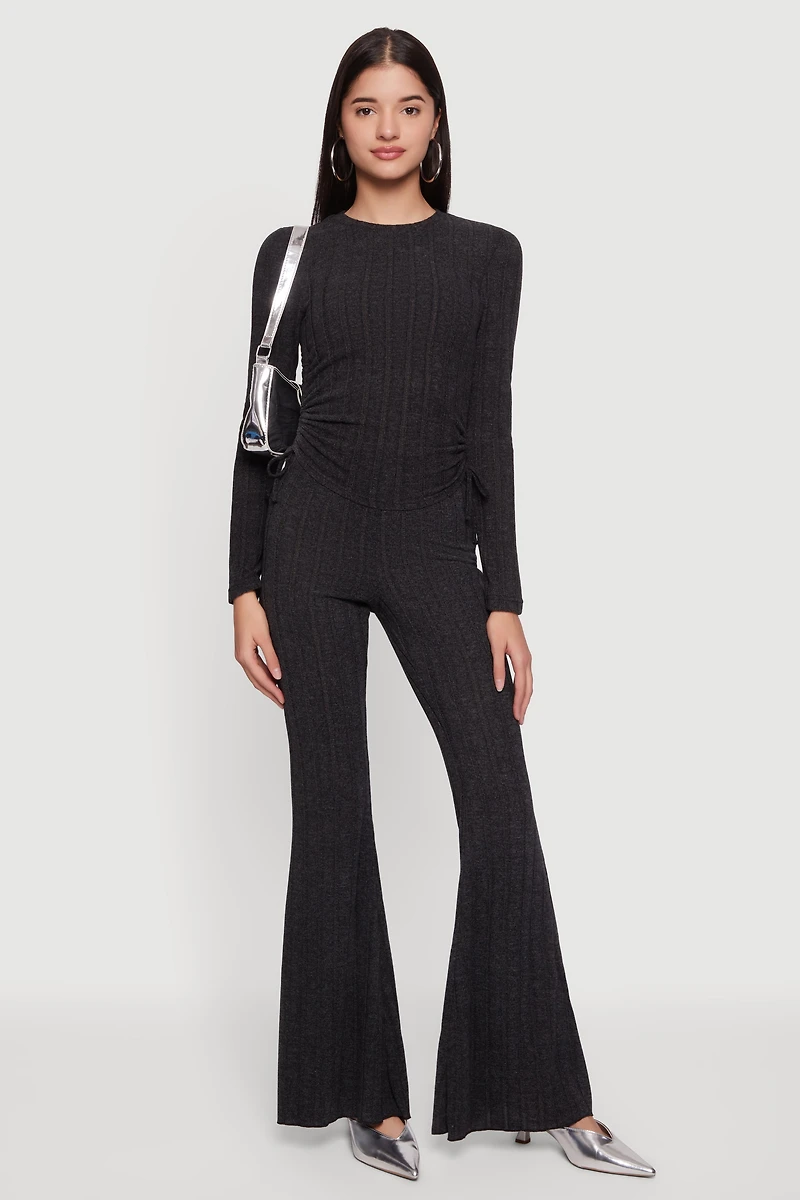 Brushed Ribbed Knit Ruched Long Sleeve Top