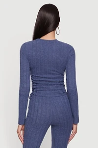 Brushed Ribbed Knit Ruched Long Sleeve Top
