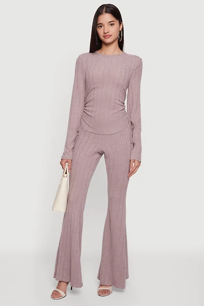 Brushed Ribbed Knit Pull On Flare Pants