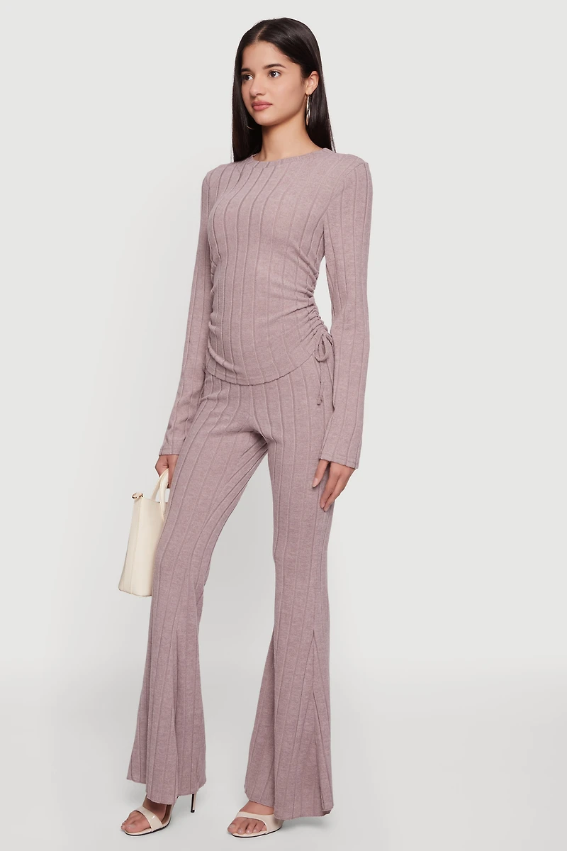 Brushed Ribbed Knit Pull On Flare Pants