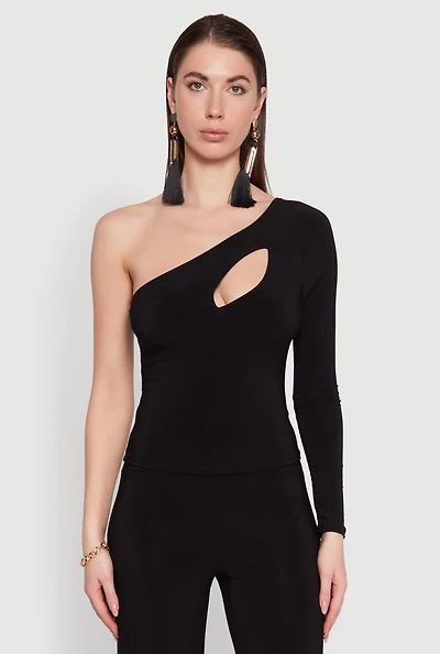 Womens Asymmetrical Cut Out One Shoulder Top, Black,