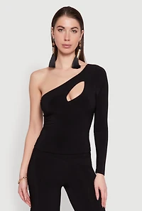 Womens Asymmetrical Cut Out One Shoulder Top, Black,