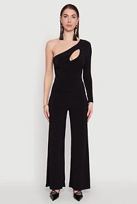 Womens Asymmetrical Cut Out One Shoulder Top, Black,