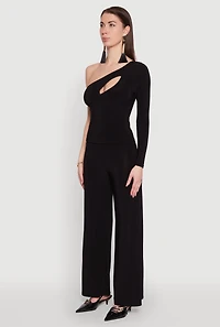 Womens Asymmetrical Cut Out One Shoulder Top, Black,