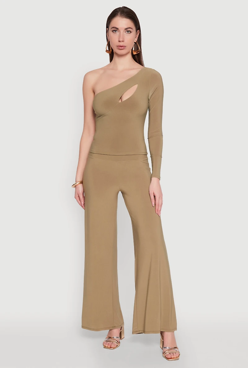 Womens Asymmetrical Cut Out One Shoulder Top, Green,