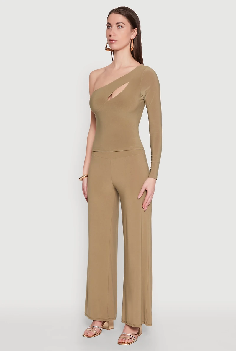 Womens Asymmetrical Cut Out One Shoulder Top, Green,