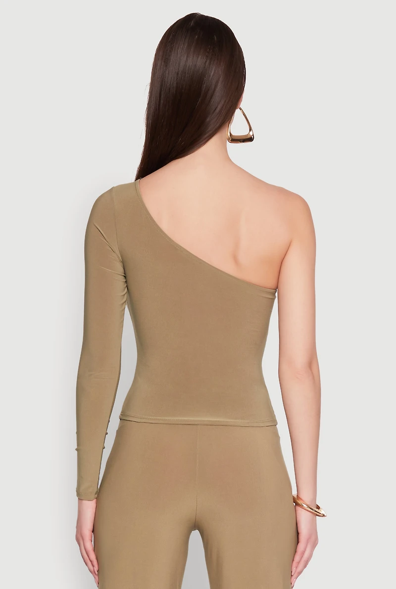 Womens Asymmetrical Cut Out One Shoulder Top, Green, Size M