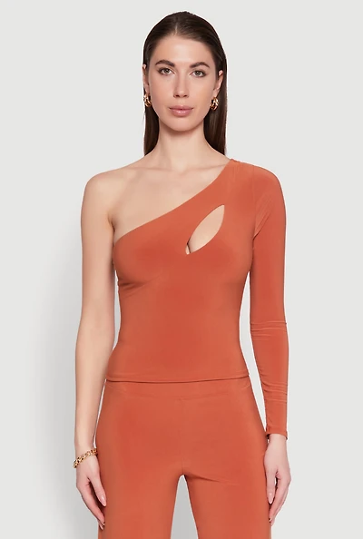 Womens Asymmetrical Cut Out One Shoulder Top, Orange, Size S