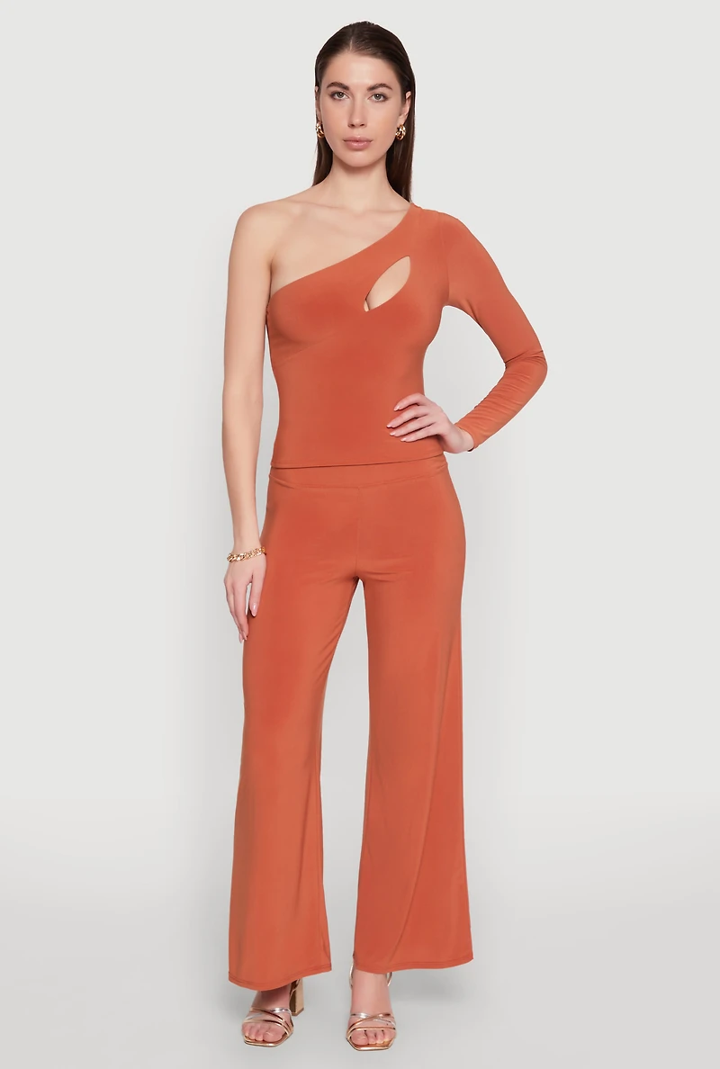 Womens Asymmetrical Cut Out One Shoulder Top, Orange, Size M