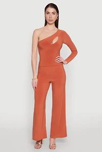 Womens Asymmetrical Cut Out One Shoulder Top, Orange, Size M