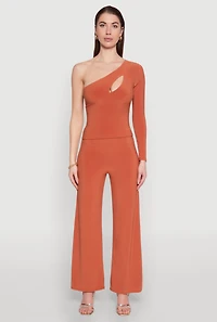 Womens Asymmetrical Cut Out One Shoulder Top, Orange, Size M