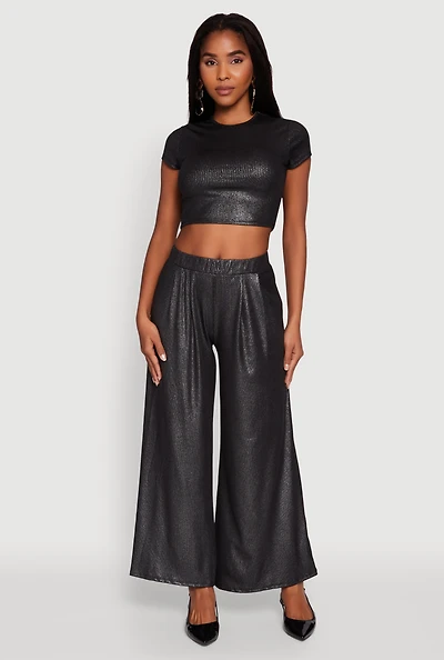 Womens Lurex Ribbed Knit High Waisted Pants,