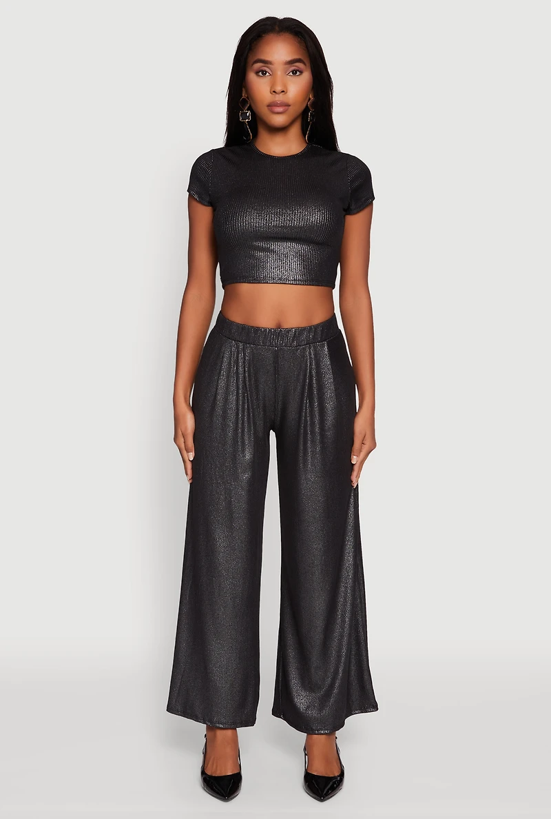 Womens Lurex Ribbed Knit High Waisted Pants, M