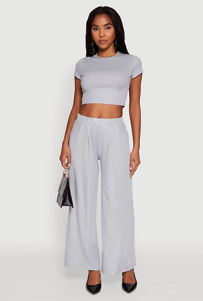 Womens Lurex Ribbed Knit High Waisted Pants, Grey,