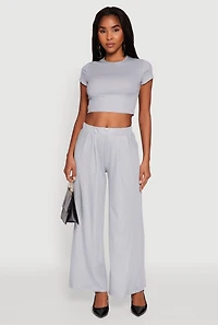 Womens Lurex Ribbed Knit High Waisted Pants, Grey,