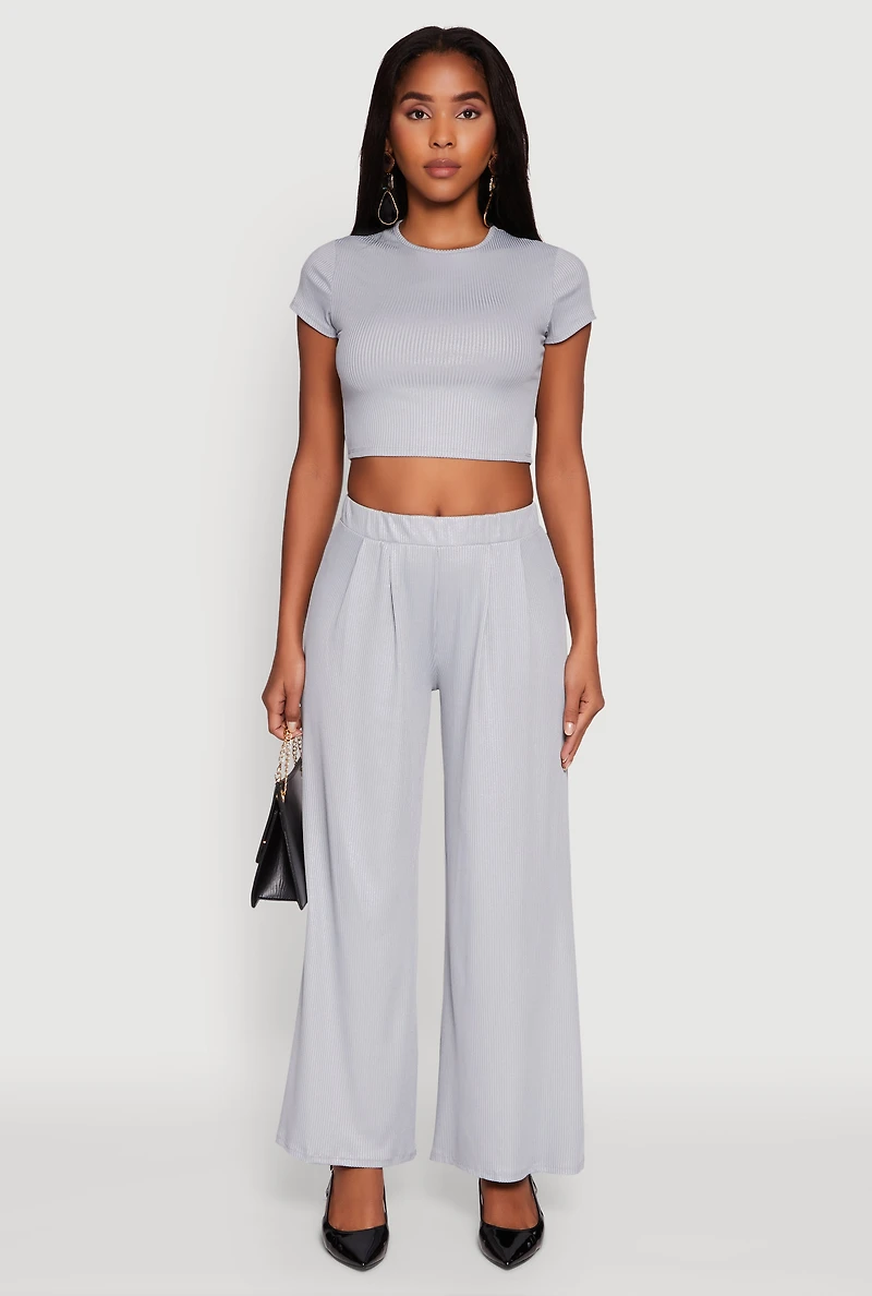 Womens Lurex Ribbed Knit High Waisted Pants, Grey, Size XL