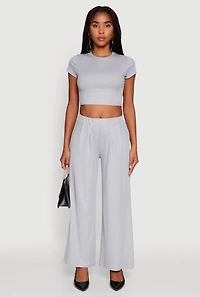 Womens Lurex Ribbed Knit High Waisted Pants, Grey,