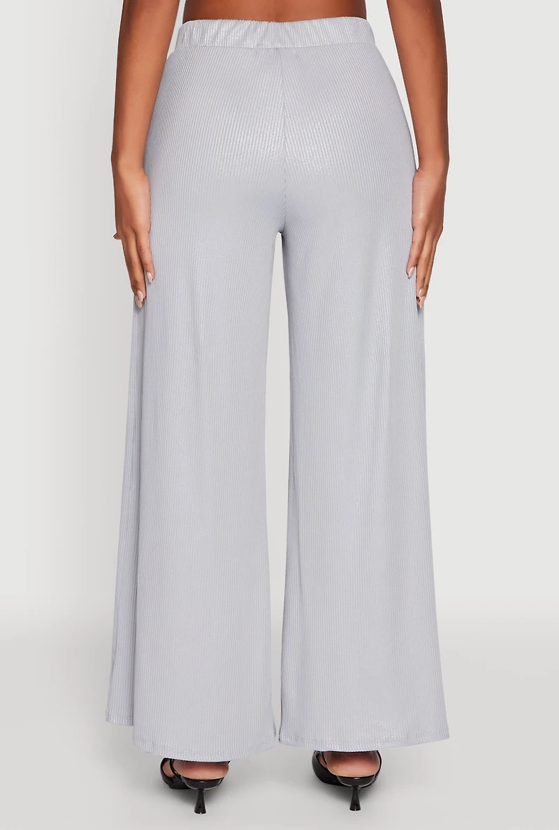 Womens Lurex Ribbed Knit High Waisted Pants, Grey, Size XL