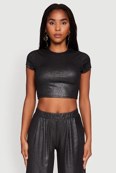 Womens Lurex Ribbed Knit Cropped Top, Black, Size L