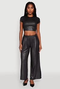 Womens Lurex Ribbed Knit Cropped Top, Black, Size L