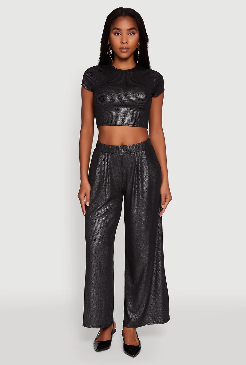 Womens Lurex Ribbed Knit Cropped Top, Black, Size M