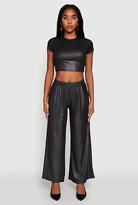 Womens Lurex Ribbed Knit Cropped Top, Black, Size L