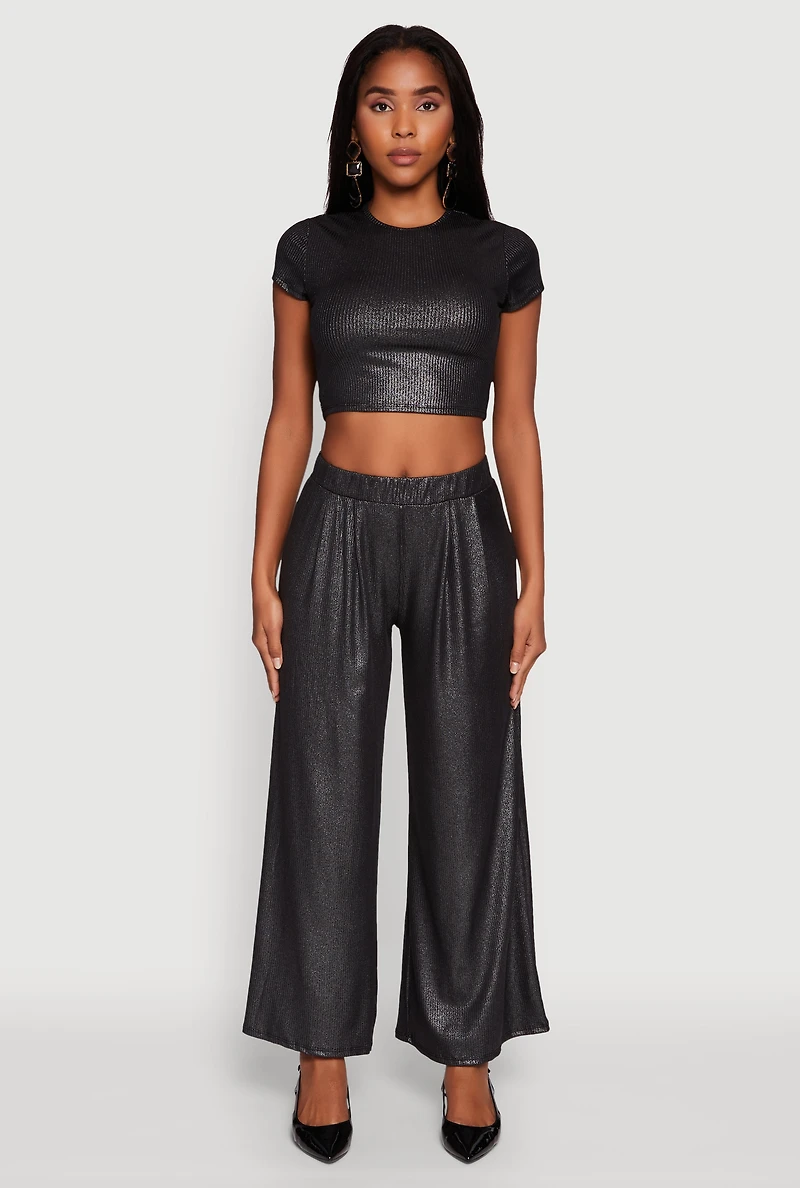 Womens Lurex Ribbed Knit Cropped Top, Black,