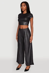 Womens Lurex Ribbed Knit Cropped Top, Black, Size L