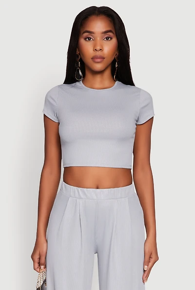 Womens Lurex Ribbed Knit Cropped Top, Grey, Size L