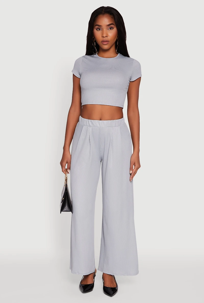 Womens Lurex Ribbed Knit Cropped Top, Grey, Size L