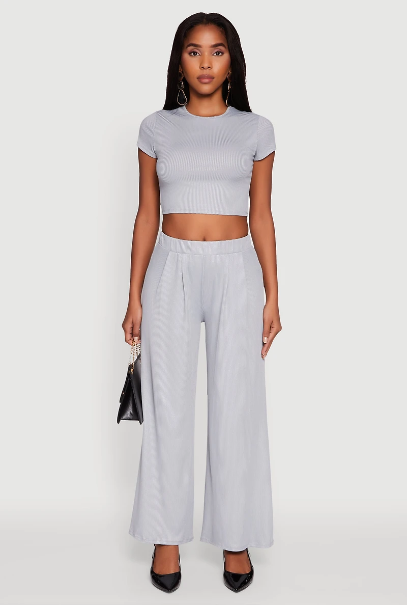 Womens Lurex Ribbed Knit Cropped Top, Grey, Size L