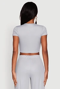 Womens Lurex Ribbed Knit Cropped Top, Grey, Size L