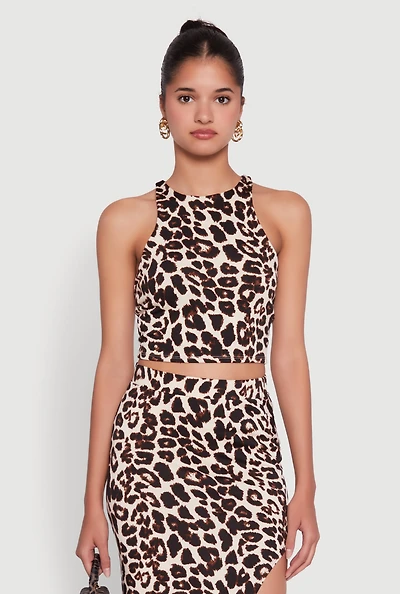 Womens Trendy Animal Print High Neck Cropped Tank Top, Brown, Size S
