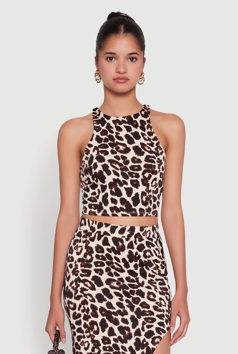 Womens Trendy Animal Print High Neck Cropped Tank Top, Multi,