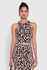 Animal Print High Neck Sleeveless Crop Top
