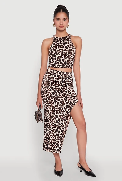 Womens Trendy Leopard Print Side Slit High Waisted Skirt, Brown, Size S