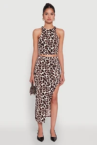 Womens Trendy Leopard Print Side Slit High Waisted Skirt, Brown, Size M