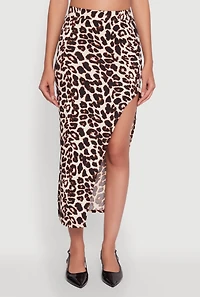 Womens Trendy Leopard Print Side Slit High Waisted Skirt, Brown, Size L