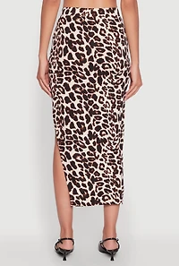 Womens Trendy Leopard Print Side Slit High Waisted Skirt, Brown, Size M