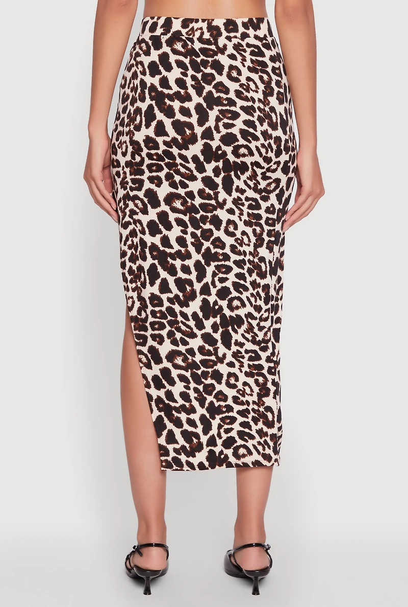 Womens Trendy Leopard Print Side Slit High Waisted Skirt, Brown, Size L