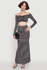 Womens Chic Striped High Waisted Maxi Skirt, Black,