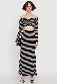 Womens Chic Striped High Waisted Maxi Skirt, Black,
