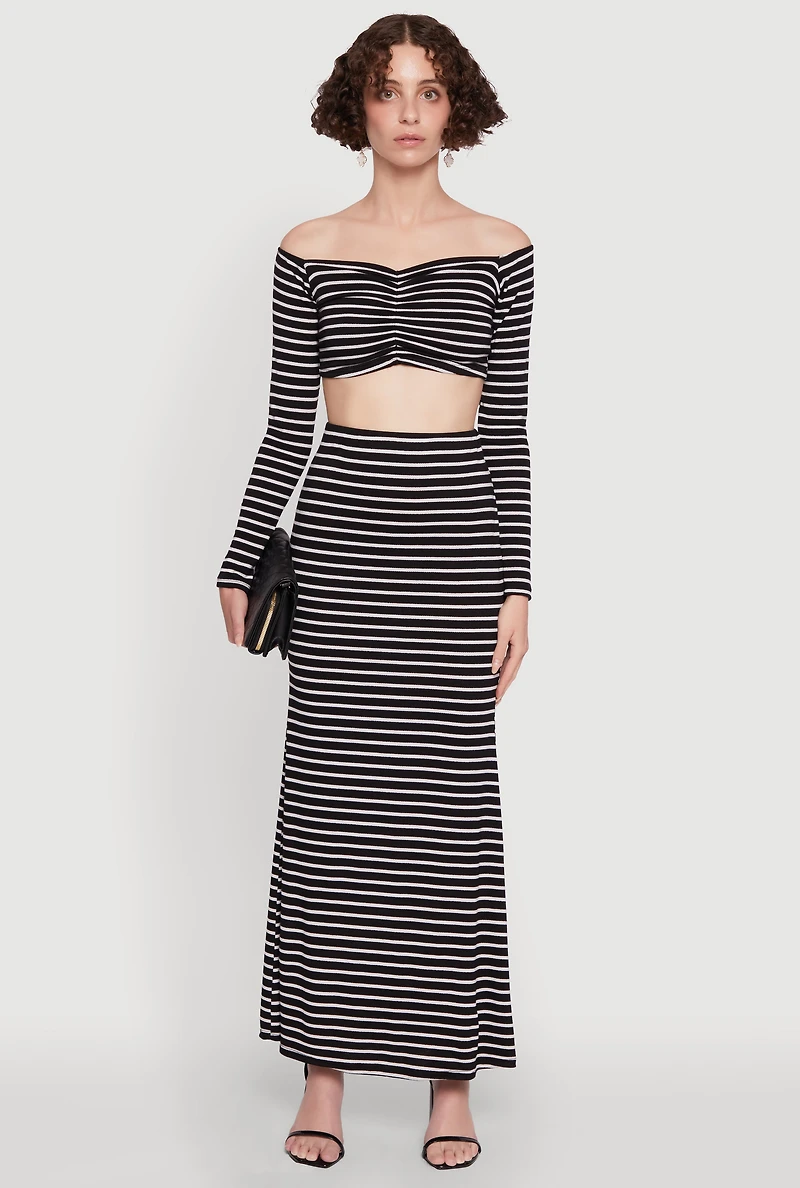 Womens Chic Striped High Waisted Maxi Skirt, Black, Size M