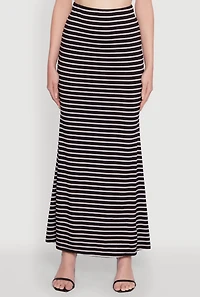 Womens Chic Striped High Waisted Maxi Skirt, Black,