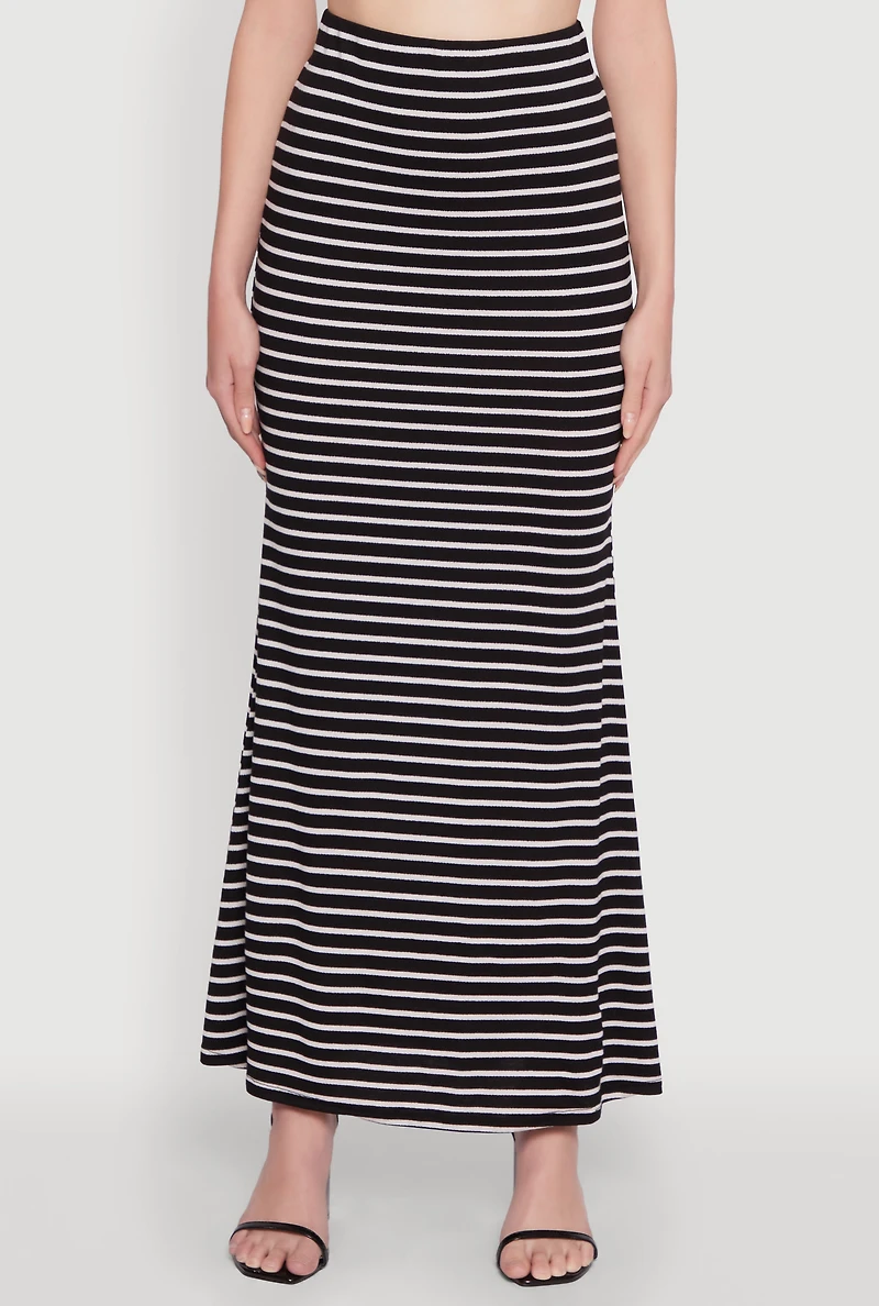 Womens Chic Striped High Waisted Maxi Skirt, Black, Size S