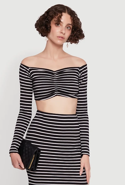 Womens Chic Striped Off Shoulder Long Sleeve Top with Ruching and Cropped Hem, Multi, Size XL