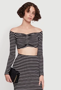 Womens Chic Striped Off Shoulder Long Sleeve Top with Ruching and Cropped Hem, Multi, Size M